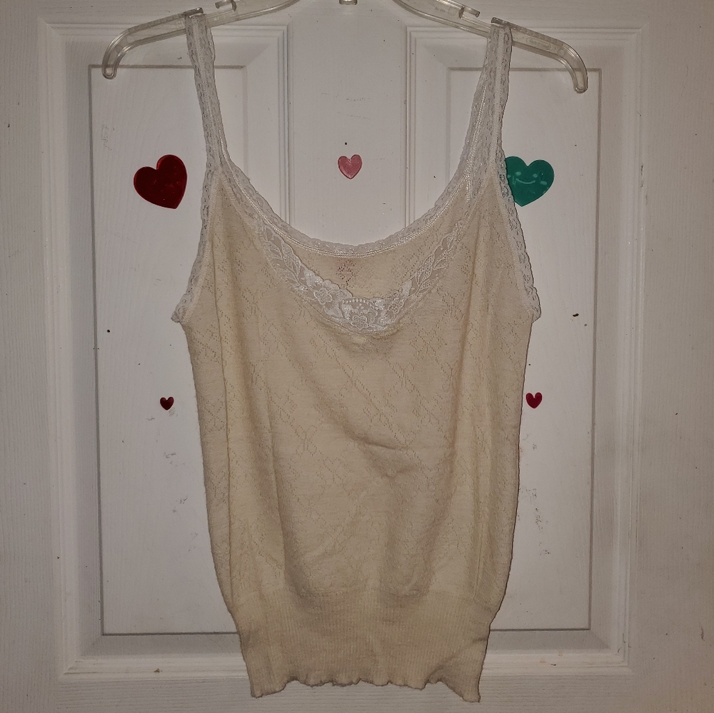 5 for $25 | Y2K Style Pastel Yellow Floral Knit Tank Top with Ribbed & Lace Trim